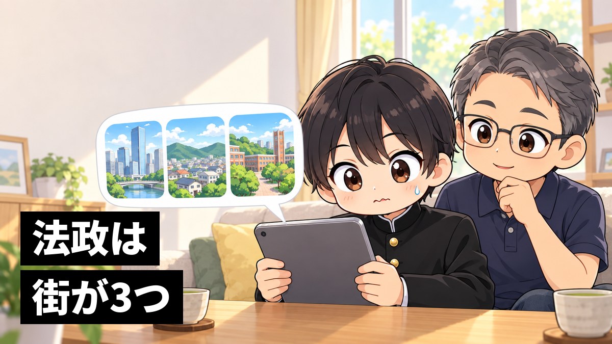 休日のリビングのソファで、学ラン姿の安房高校の男子が父親と並んでタブレットをのぞき、郊外のキャンパスの写真に目を丸くしてあせっている挿絵。文字「法政は街が3つ」