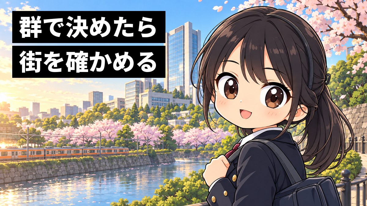 都心のお堀沿いの道で、安房高校の制服の女子が高いビルの校舎を背に振り返り、期待に目を輝かせている挿絵。文字「群で決めたら街を確かめる」