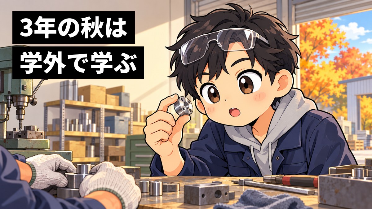 秋の町工場の工房で、作業着の上着をはおった男子大学生が、職人の手元の金属部品に夢中になって身を乗り出している挿絵。文字「3年の秋は学外で学ぶ」