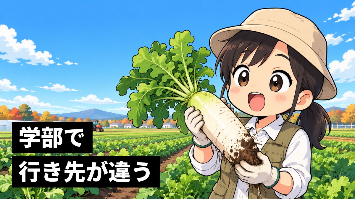 大学の広い農場で、布の作業帽をかぶった女子大学生が、掘り出したばかりの大きな大根を両手で持ち上げ、目を丸くして驚いている挿絵。文字「学部で行き先が違う」