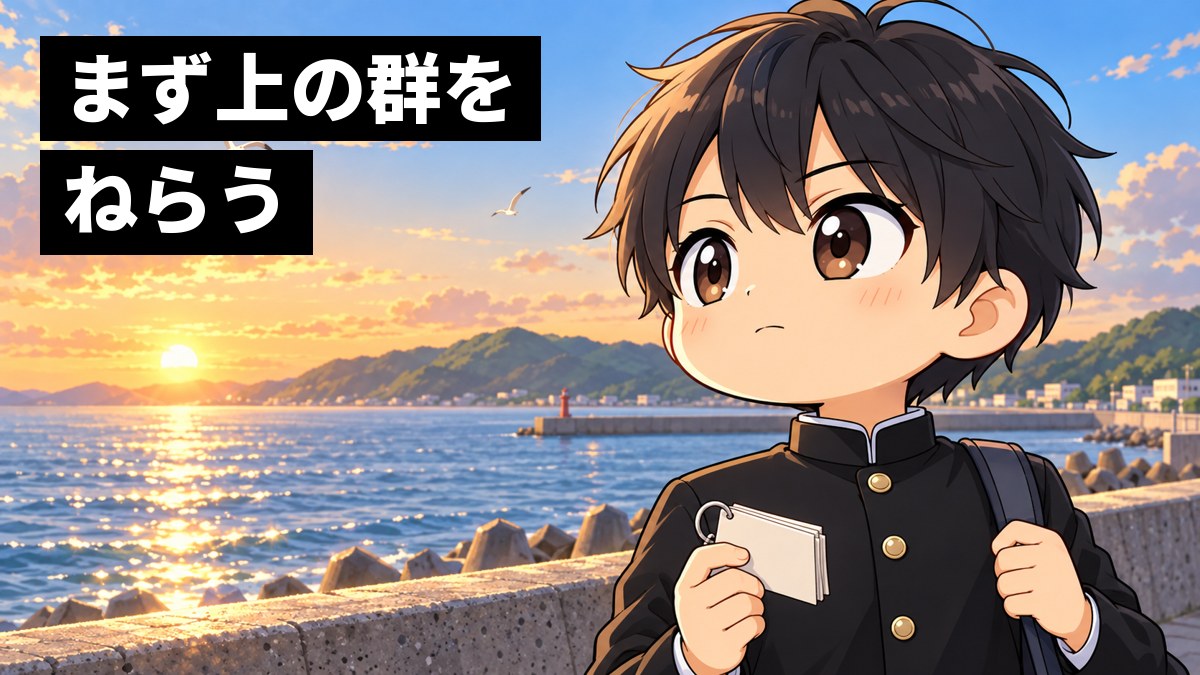夕方の海辺の堤防で、学ラン姿の安房高校の男子が単語帳を手に、口を結んで小さくうなずき、静かな決意の目で遠くを見ている挿絵。文字「まず上の群をねらう」