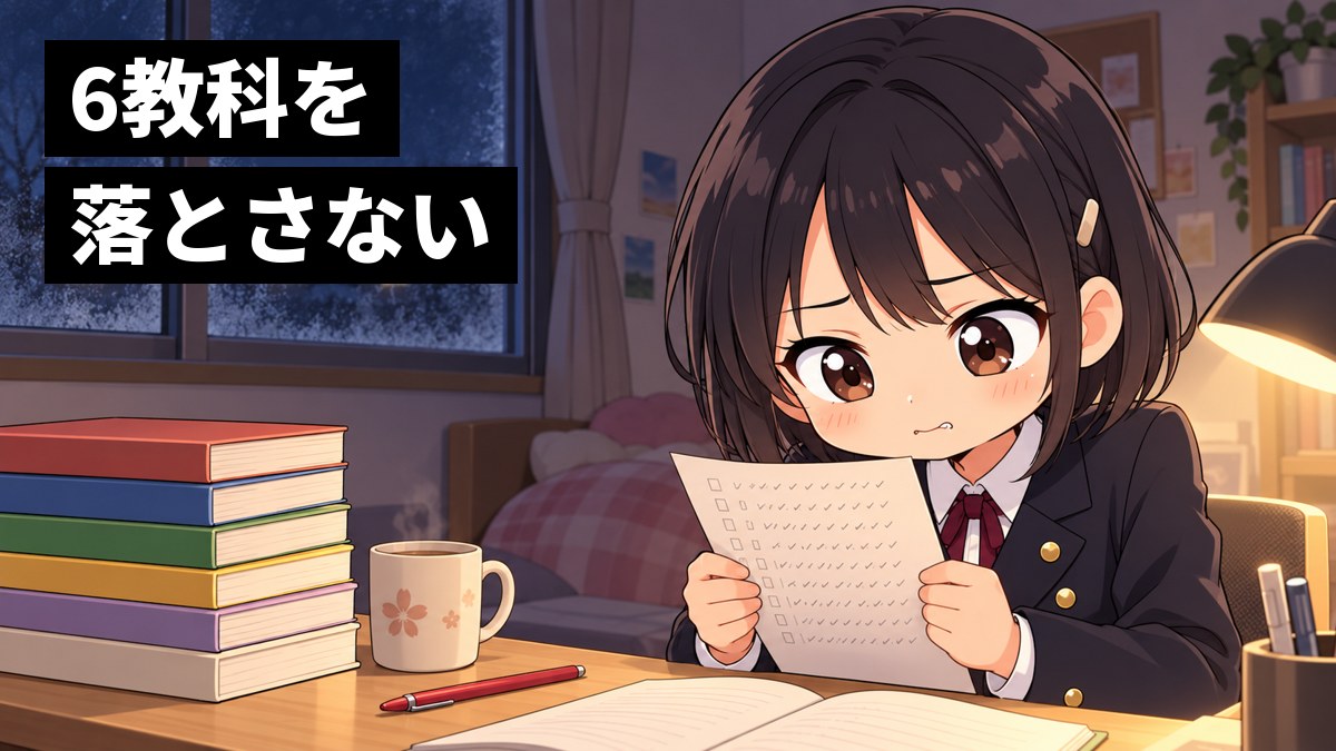 冬の夜の自分の部屋で、安房高校の制服の女子が机の上の自己採点の紙を両手で持ち、不安そうに唇をかんで見つめている挿絵。文字「6教科を落とさない」
