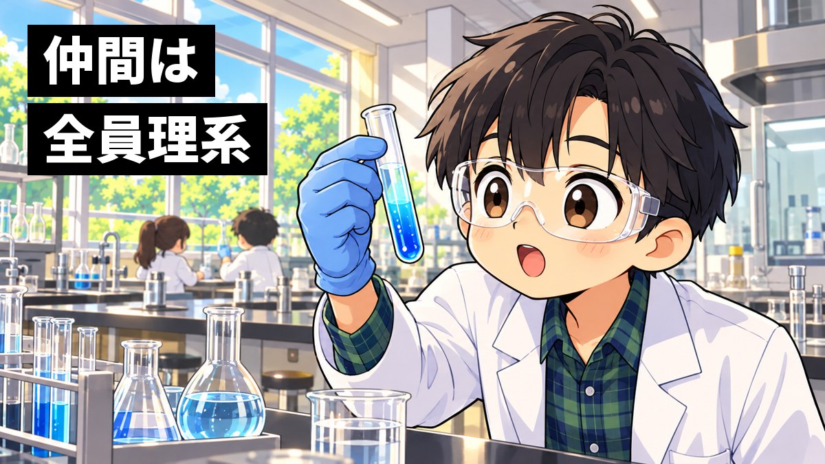 大学の明るい化学の実験室で、ぱっつん前髪のおかっぱ頭に緑のチェックのシャツ、保護めがねをかけた男子大学生が、色の変わる液体の入った試験管を目の高さに持ち上げ、夢中で見つめている絵。文字「仲間は 全員理系」