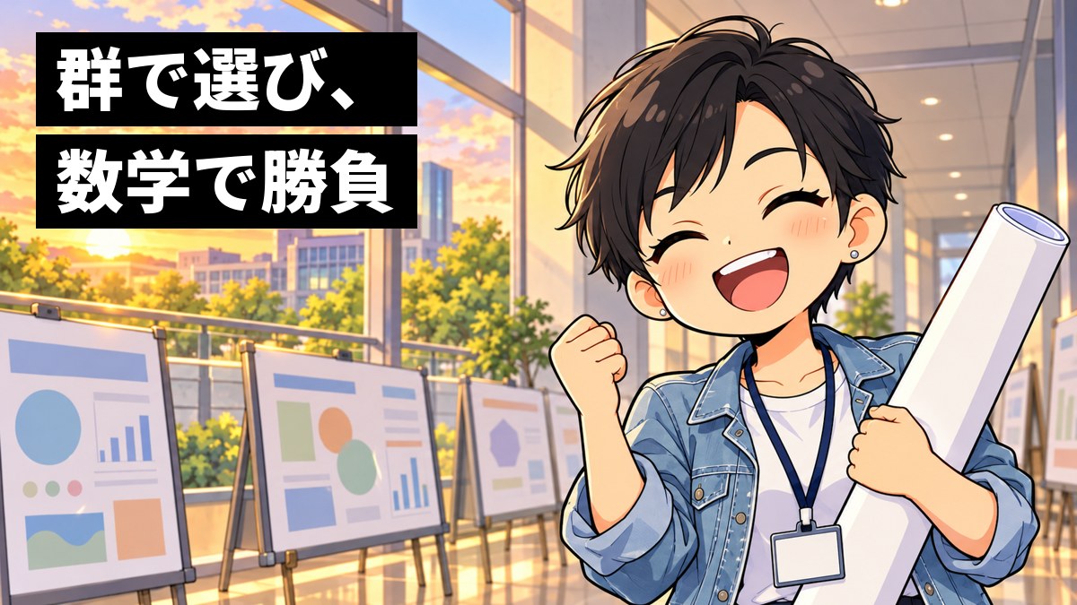 夕方の大学の発表会の会場の外の廊下で、ベリーショートの髪にデニムのジャケットの女子大学院生が、丸めたポスターを抱えて、発表をやり切った誇らしい笑顔を見せている絵。文字「群で選び、数学で勝負」