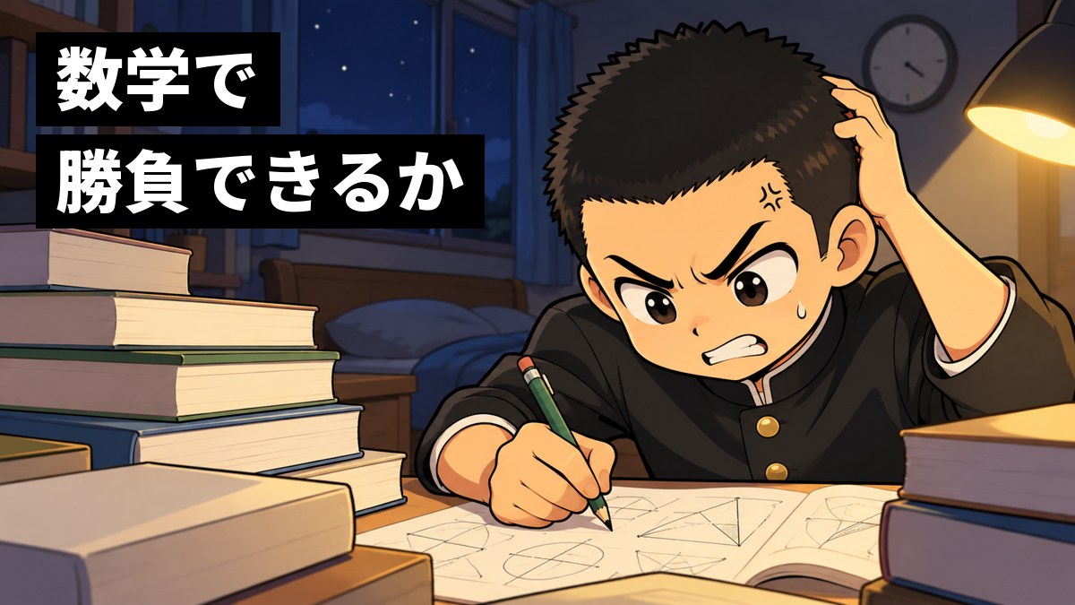 夜、自分の部屋の机で、黒い学ランを着た坊主に近い短髪の男子高校生が、図形と式でいっぱいの問題用紙を前に鉛筆を握りしめ、悔しそうに歯を食いしばっている絵。文字「数学で 勝負できるか」