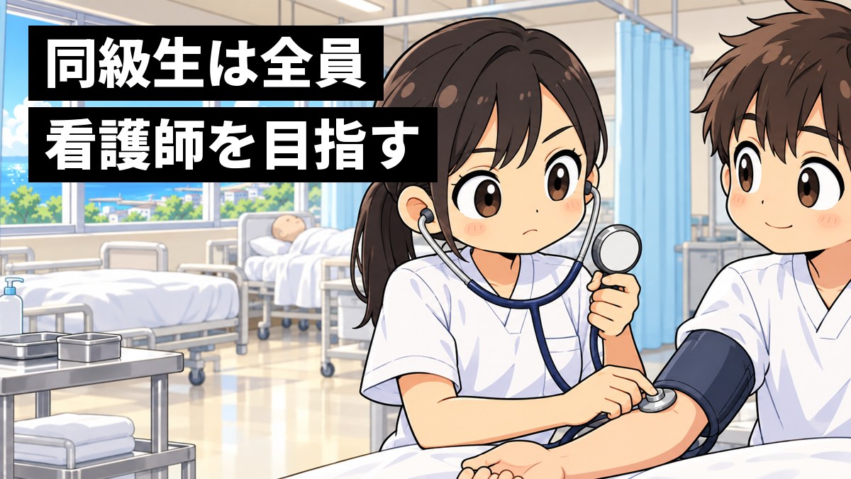 大学の看護の実習室で、髪をひとつに結んだ女子大学生が友だちの腕に血圧計を巻き、聴診器を耳に当てて目を見開き、目盛りに夢中で集中している挿絵。文字「同級生は全員看護師を目指す」