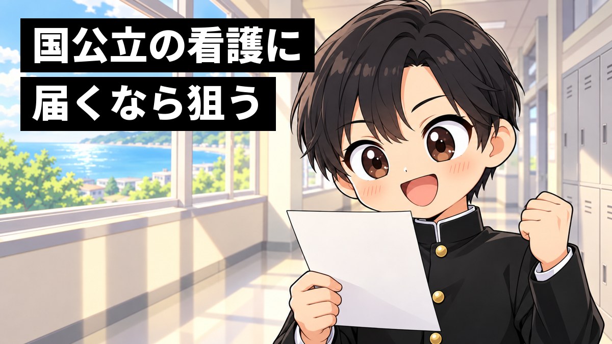 放課後の高校の廊下の窓ぎわで、学ラン姿の安房高校の男子が模試の結果の紙を片手に持ち、目を輝かせて大きく笑い、もう片方の手で小さくガッツポーズをしている挿絵。文字「国公立の看護に届くなら狙う」