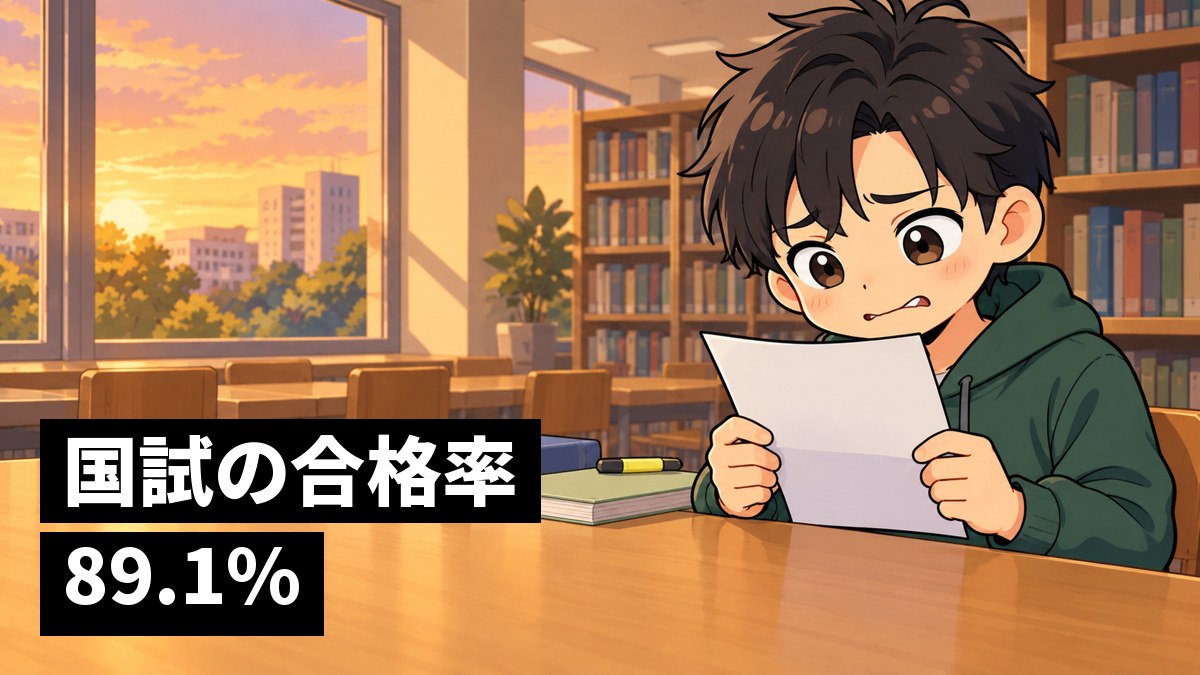 夕方の大学の図書館の窓ぎわで、ショートヘアの男子大学生が模試の結果の紙を両手で持ち、眉を寄せて唇をかみ、不安そうに見つめている挿絵。文字「国試の合格率89.1%」