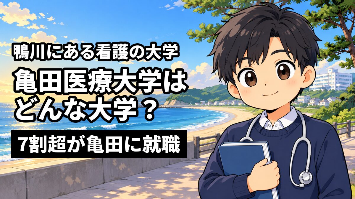 夕方の海沿いの遊歩道で、聴診器を首にかけた短い黒髪の男子大学生が看護の教科書を抱え、口を結んで静かにほほえみ、まっすぐ前を見ている。「鴨川にある看護の大学」「亀田医療大学はどんな大学?」「7割超が亀田に就職」の文字。
