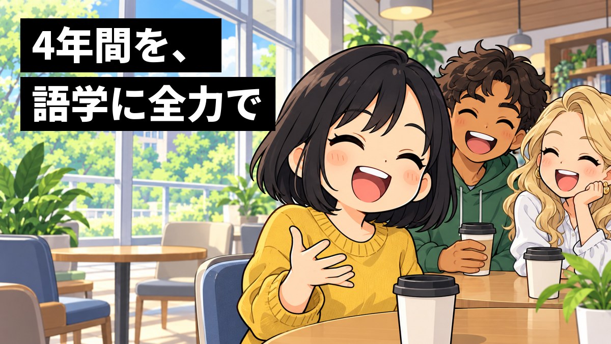 大学のラウンジのテーブルで、ボブの女子大学生が留学生の友だち2人と話していて、言いたいことが通じて声をあげてうれしそうに笑っている挿絵。文字「4年間を、語学に全力で」