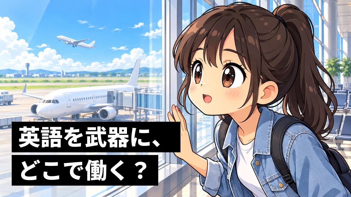 空港の出発ロビーの大きな窓ぎわで、ポニーテールの女子大学生が窓に手をそえて身を乗り出し、目を輝かせて外の飛行機に見入っている挿絵。文字「英語を武器に、どこで働く?」