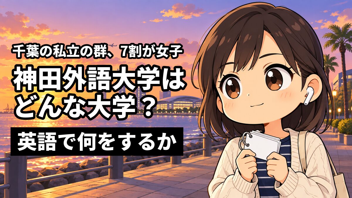 夕方の海沿いの遊歩道で、高いビルの並ぶ街を背に、イヤホンをつけた女子大学生が英語の単語カードを胸の前に持ち、まっすぐ前を見て静かに決意した顔をしている。「千葉の私立の群、7割が女子」「神田外語大学はどんな大学?」「英語で何をするか」の文字。