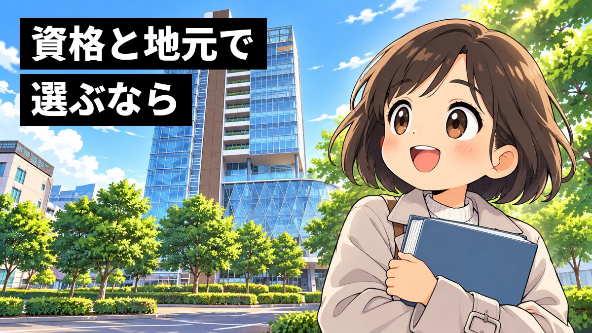 横浜・関内キャンパスの、ガラスとこげ茶の高層ビルの前の歩道で、女子大学生が分厚い問題集を胸に抱え、目を輝かせてビルを見上げている挿絵。文字「資格と地元で選ぶなら」
