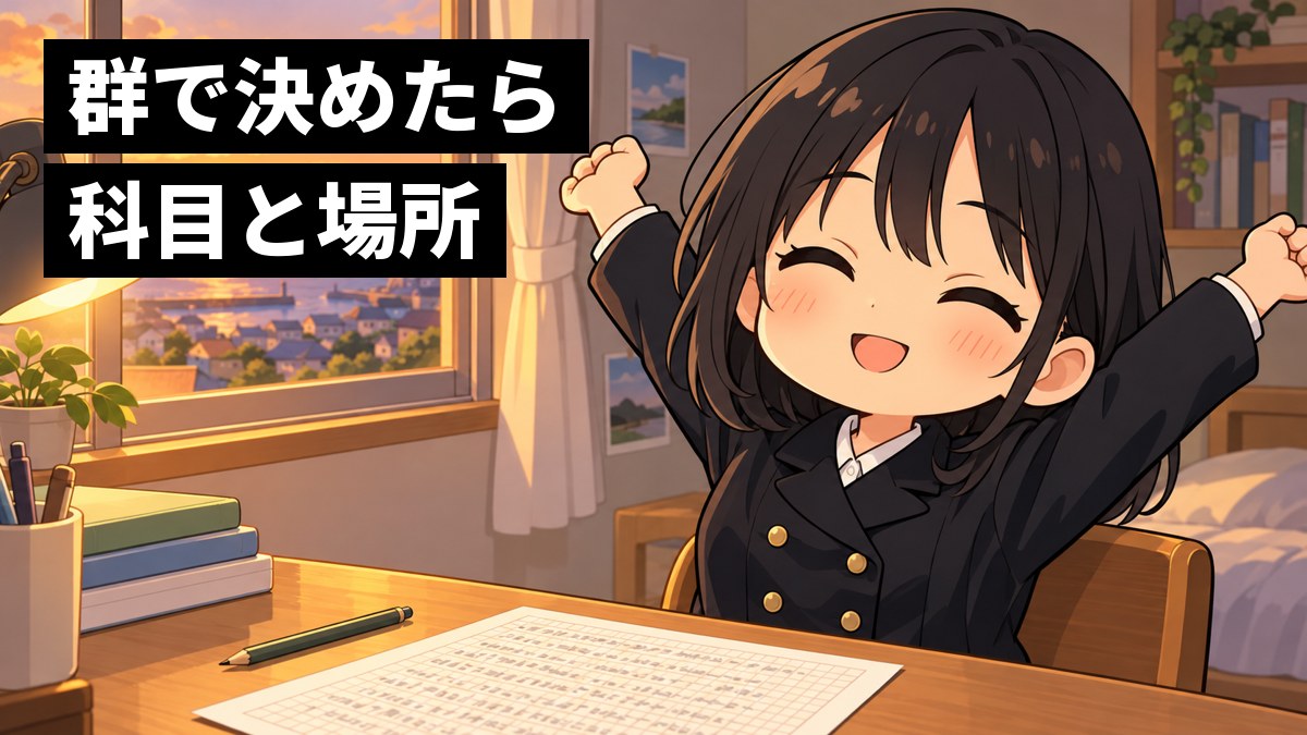 夕方の自分の部屋の机で、小論文の練習の原稿用紙を書き終え、鉛筆を置いて満足げにほほえむ高校生の挿絵。文字「群で決めたら科目と場所」