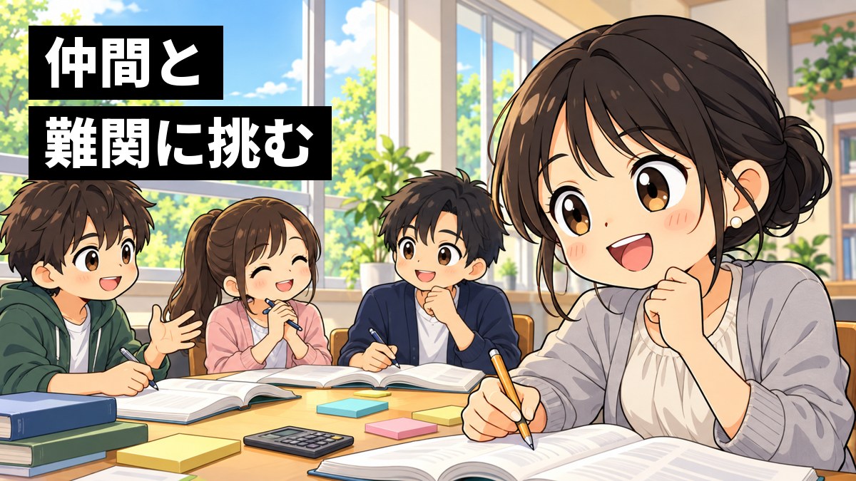 大学の小さなゼミ室で、仲間と机を囲んで勉強会をする女子大学生が、目を輝かせて身を乗り出している挿絵。文字「仲間と難関に挑む」