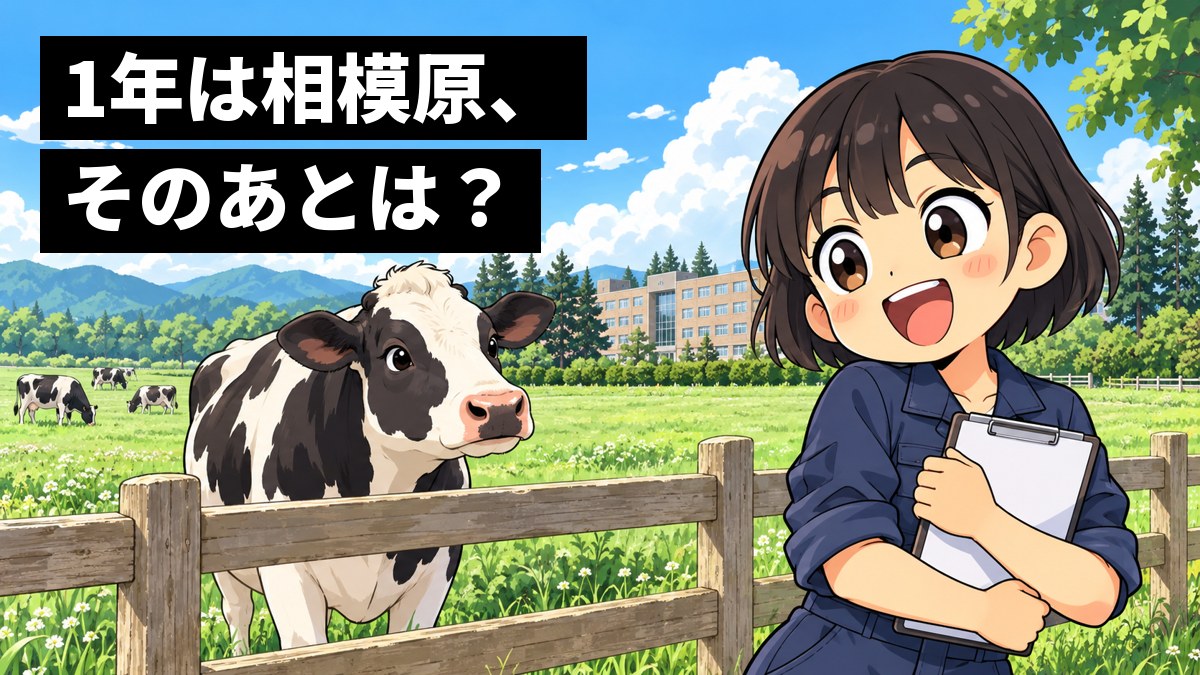 青森の十和田キャンパスの牧場で、ショートボブに紺の作業着姿の女子大学生が、柵ごしにこちらを向いた大きな牛に目を丸くし、口を開けてワクワクしている挿絵。文字「1年は相模原、そのあとは?」