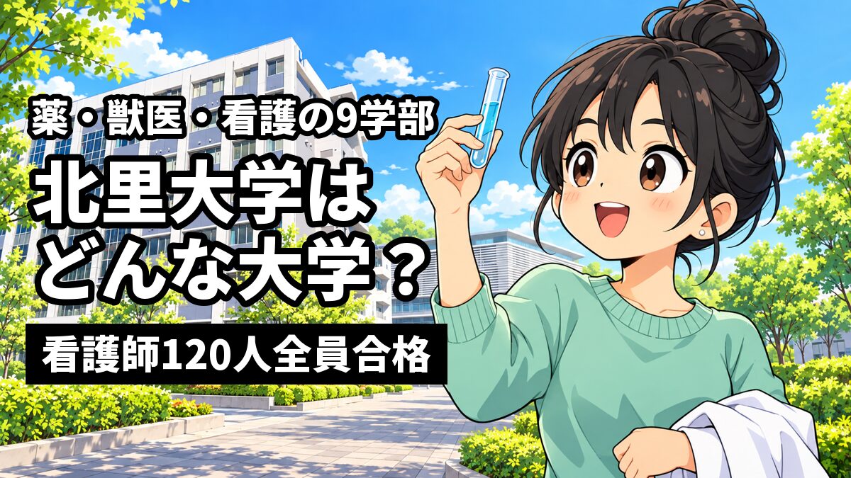 相模原キャンパスの白い校舎の前で、黒髪をお団子にまとめた女子大学生が、白衣を腕にかけ、青い液体の入った試験管を空にかざして目を輝かせている。「薬・獣医・看護の9学部」「北里大学は どんな大学?」「看護師120人全員合格」の文字。