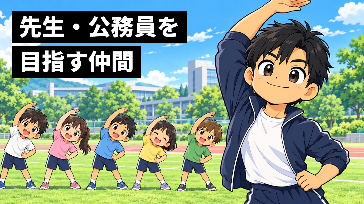 広い芝生のグラウンドの横で、ジャージ姿の日に焼けた短い黒髪の男子大学生が、小学生くらいの子どもたちの前で胸を張って体操の見本を見せ、得意げな顔をしている挿絵。文字「先生・公務員を目指す仲間」