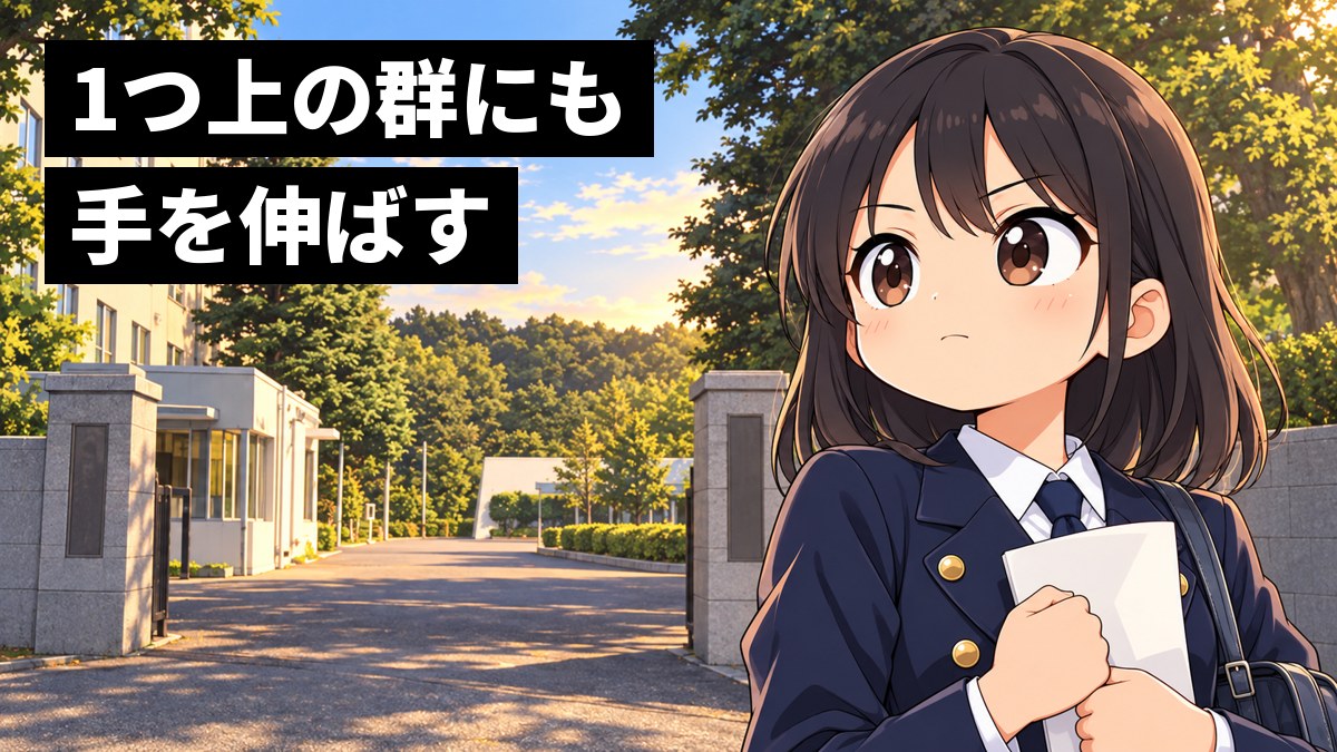 町田キャンパスの、正門から並木の道がまっすぐ奥へのびる夕方の眺めの前で、紺のブレザーに紺のネクタイの安房高校の女子がパンフレットを胸に当て、口を結んで前を見すえている挿絵。文字「1つ上の群にも手を伸ばす」
