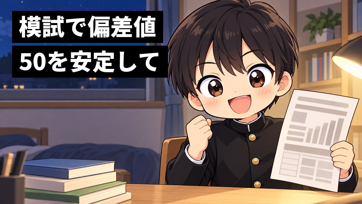 夜の自分の部屋の机で、学ラン姿の安房高校の男子が模試の結果の紙を片手に、もう片方の手で小さくガッツポーズをしてうれしそうに笑っている挿絵。文字「模試で偏差値50を安定して」