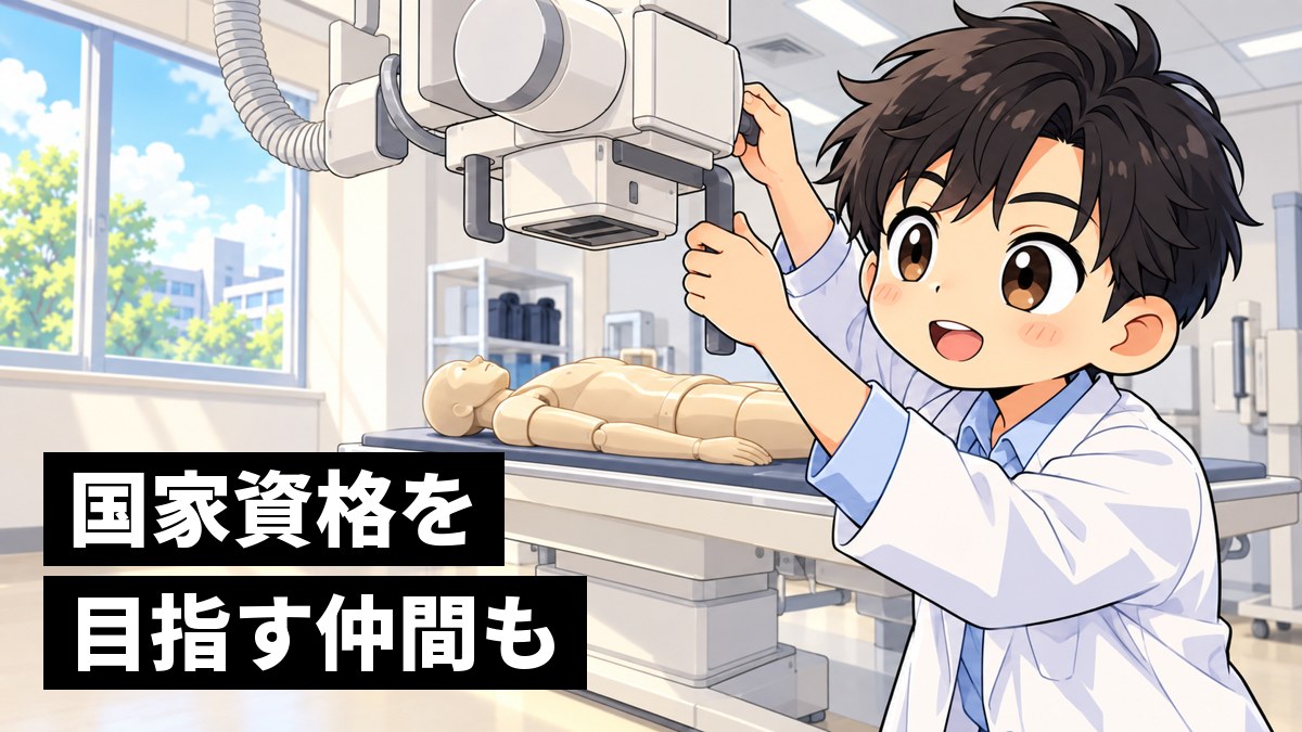大学の明るい実習室で、白衣の男子大学生が大きな白い医療用の撮影装置の位置を両手で合わせながら、目を輝かせて夢中でのぞきこんでいる挿絵。文字「国家資格を目指す仲間も」