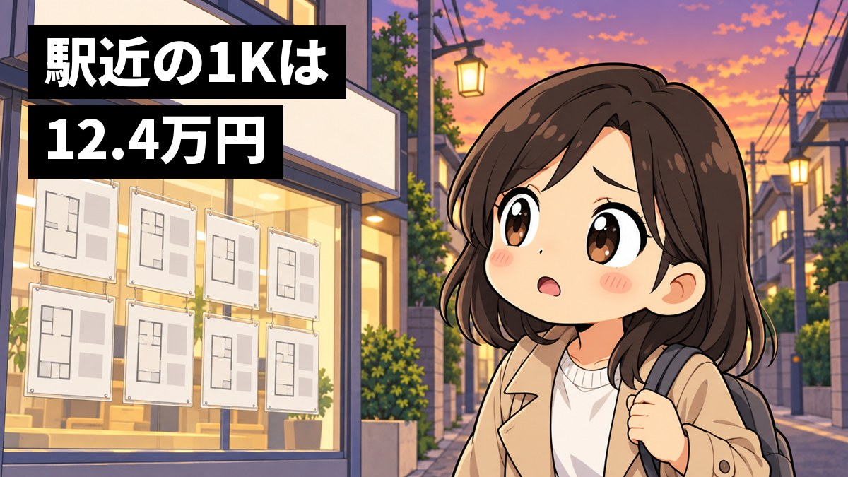 夕方の住宅街の小さな不動産屋の前で、リュックを背負った女子大学生が窓に貼られた物件の紙を見上げ、眉を下げて途方にくれている挿絵。文字「駅近の1Kは12.4万円」