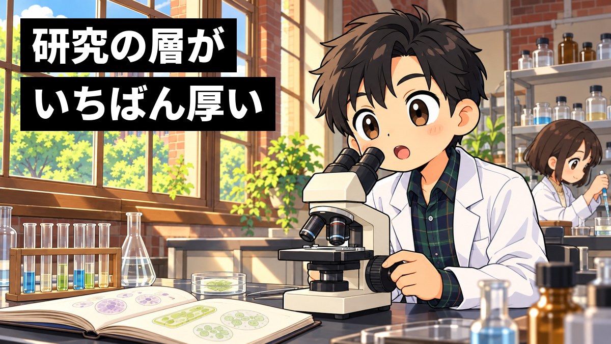 古いれんが造りの大学の研究室で、白衣をはおった短い黒髪の男子大学生が顕微鏡から顔を上げ、目を見開いて夢中になっている挿絵。奥では先輩が実験台に向かっている。文字「研究の層がいちばん厚い」