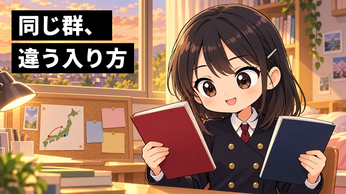 夕方の自分の部屋の机で、紺のダブルのブレザーの安房高校の女子が2冊の大学案内を両手に持って見比べ、行き先が決まって晴れやかな顔をしている挿絵。文字「同じ群、違う入り方」
