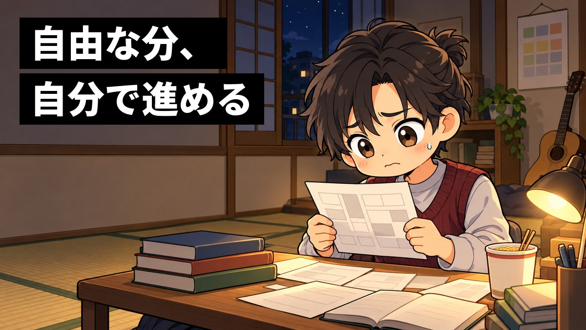 夜の古い下宿の部屋で、ゆるいウェーブの長めの髪を後ろで小さく結んだ男子大学生が、散らかった机の前で時間割の紙を持ち、眉を下げて途方にくれている挿絵。文字「自由な分、自分で進める」