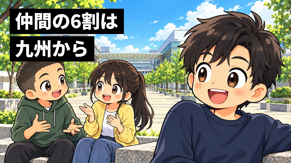 九州大学伊都キャンパスの、並木と大きな屋根のある中央の広場のベンチで、関東から来た男子の新入生が、九州出身の友達2人の話に目を丸くして面白がっている挿絵。文字「仲間の6割は九州から」