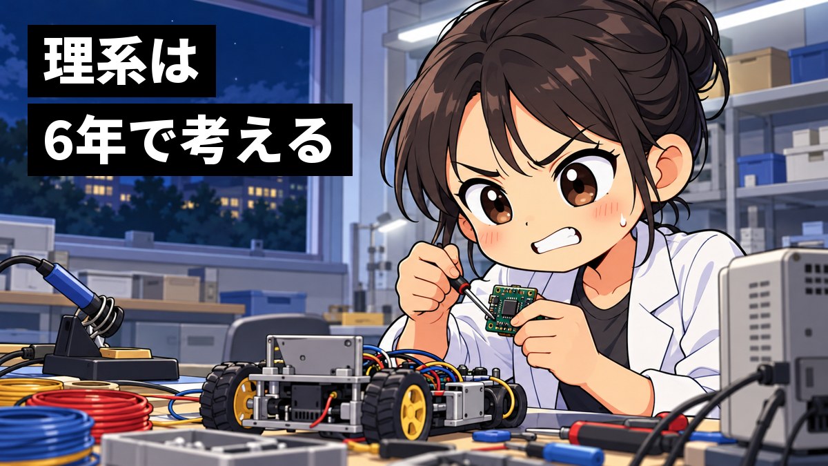 夜の大学の研究室で、白衣を着た工学部の女子学生が、試作の小さなロボットの部品を手に、うまくいかない実験に眉間にしわを寄せて歯を食いしばっている挿絵。文字「理系は6年で考える」