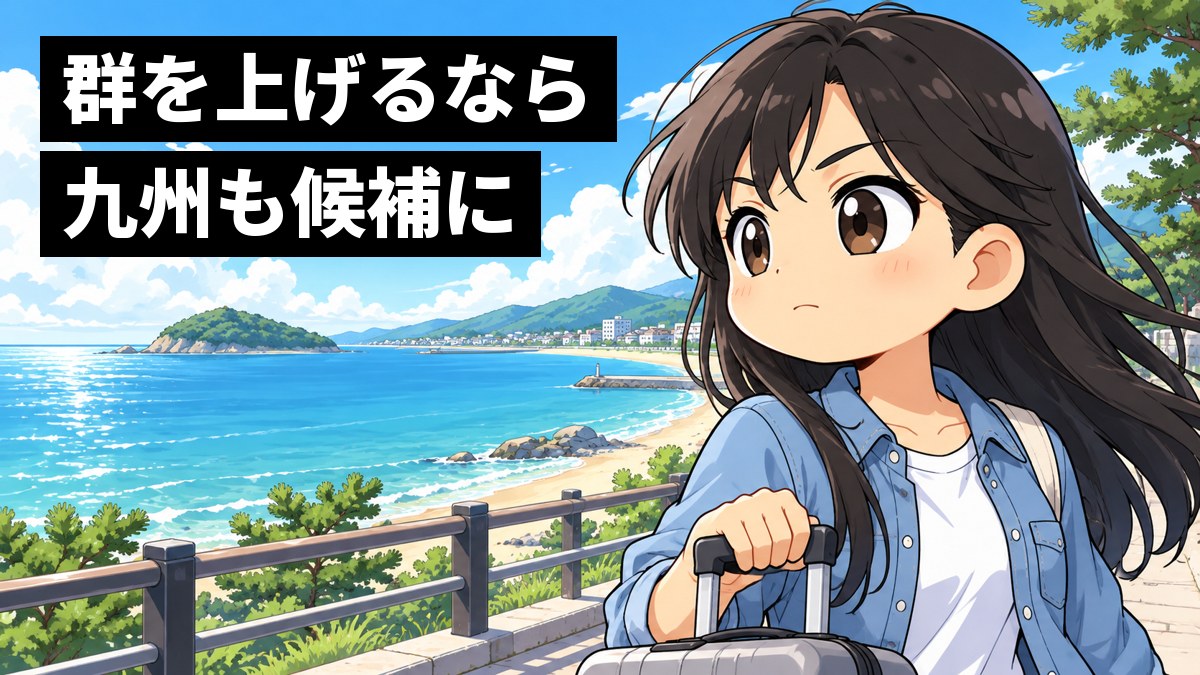 福岡の西の海辺の遊歩道で、スーツケースの取っ手を握った女子の新入生が、口を結んで青い海の向こうを真剣に見すえている挿絵。文字「群を上げるなら九州も候補に」