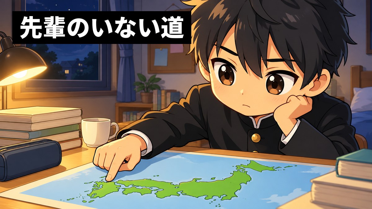夜の自分の部屋の机で、黒い学ランの男子高校生が、広げた日本地図の九州に指を置き、少し心細そうに眉を下げて見つめている挿絵。文字「先輩のいない道」