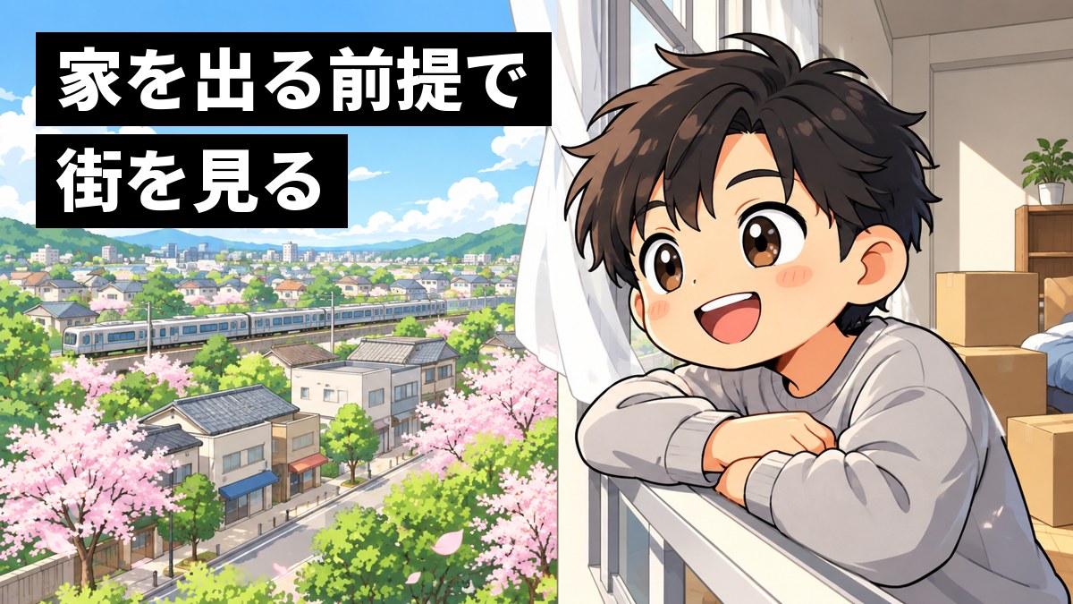 引っ越したばかりのワンルームの窓を開け、黒髪の男子大学生が郊外の住宅街と線路を見渡して、うれしそうに笑っている挿絵。文字「家を出る前提で街を見る」