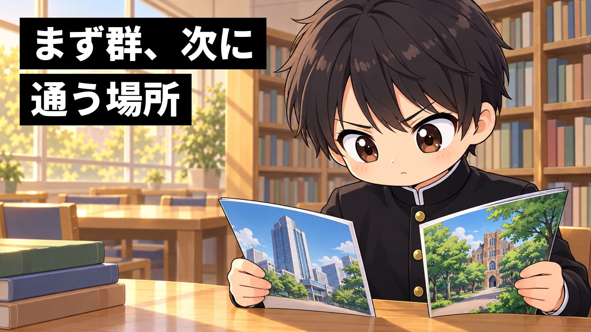 放課後の高校の図書室で、学ラン姿の安房高校の男子が、都心の高い校舎と緑のキャンパスの写真が載ったパンフレットを両手に持ち、眉を寄せて真剣に見比べている挿絵。文字「まず群、次に通う場所」