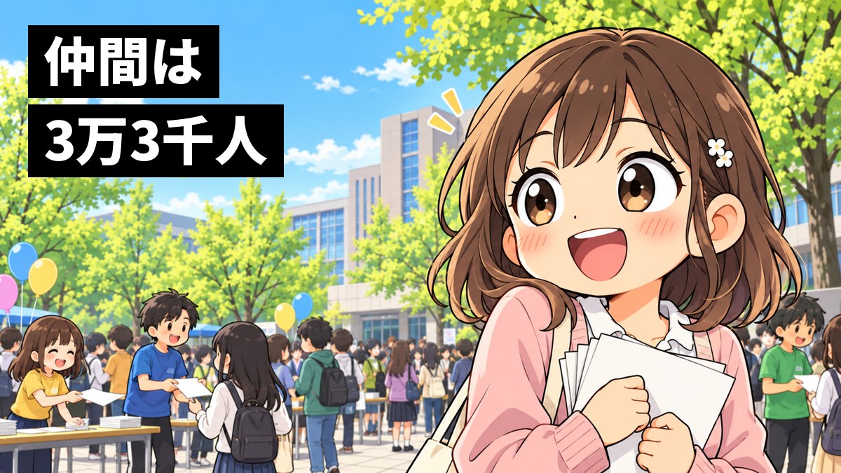 春の大学の中庭で、新入生の女子大学生が、ビラを配る先輩たちの人波に囲まれ、目を輝かせてワクワクしている挿絵。文字「仲間は3万3千人」