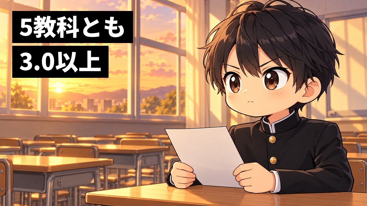 夕方の放課後の教室で、学ラン姿の安房高校の男子が成績の紙を手に、口をぐっと結んでまっすぐ前を見ている挿絵。文字「5教科とも3.0以上」