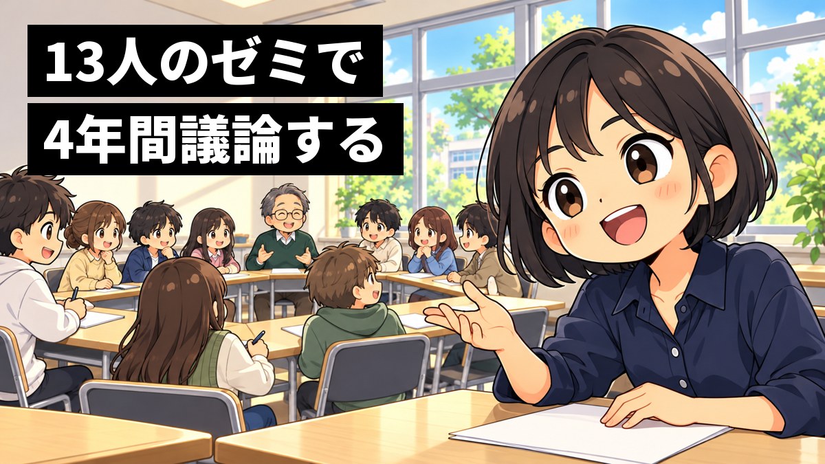 明るいゼミ室で、四角に並べた机を10数人の学生が囲み、ショートボブの女子大学生が身を乗り出して夢中で発言している挿絵。文字「13人のゼミで4年間議論する」