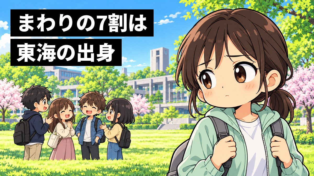 春の大学の芝生の広場で、奥では学生たちが輪になって楽しそうに話している。手前の右で、肩までの茶色がかった髪を低い位置で一つに結んだ女子の新入生が、リュックの肩ひもを握り、眉を下げて少し心細そうに輪を見ている挿絵。文字「まわりの7割は東海の出身」