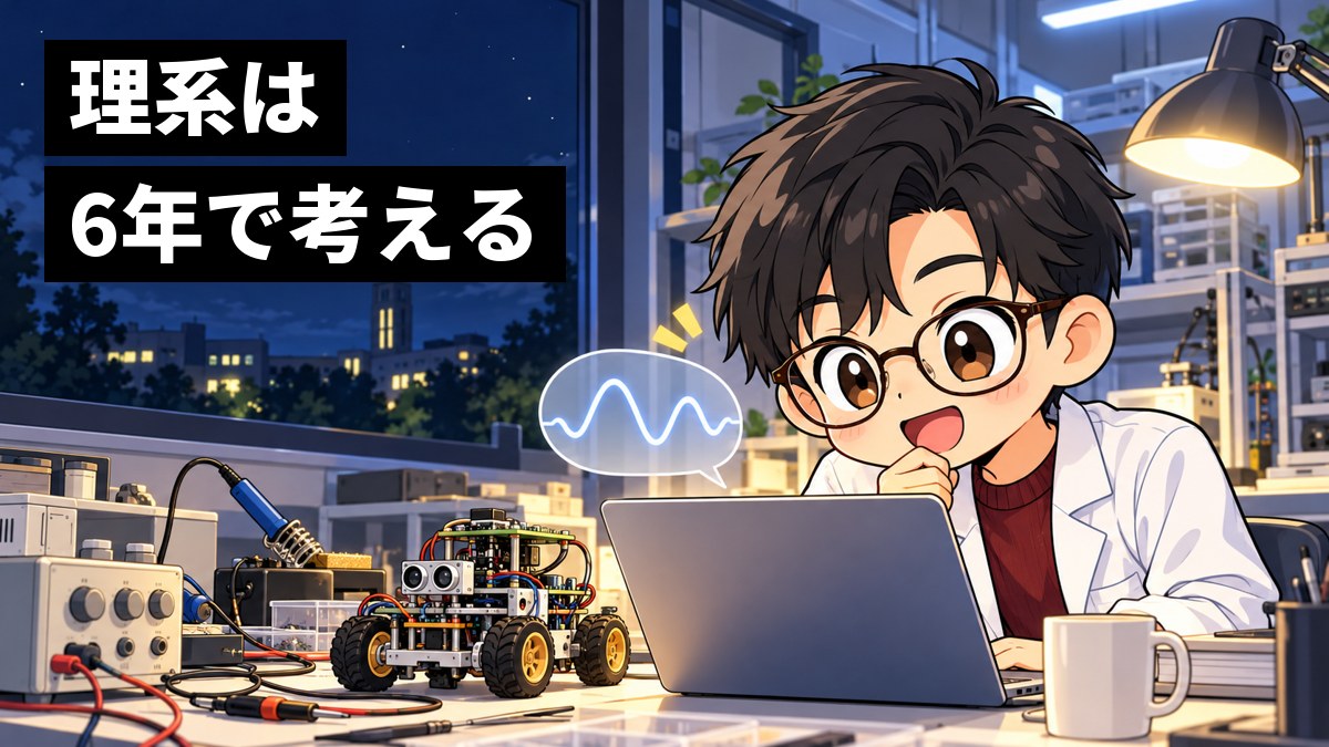 夜の大学の研究室で、実験台に小さな車輪つきのロボットの試作機と測定器が並ぶ。白衣を着た、耳が出るくらいの短い黒髪にべっこう色のめがねの男子大学院生が、ノートパソコンの画面を夢中でのぞきこんでいる挿絵。文字「理系は6年で考える」