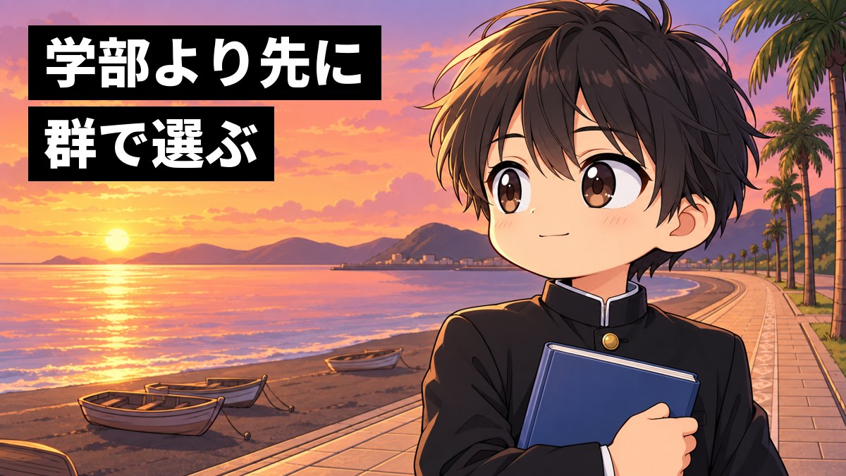 夕焼けの館山の海辺の遊歩道で、学ラン姿の安房高校の男子が大学案内の冊子を胸に抱え、迷いが晴れたほっとした表情で海を見ている挿絵。文字「学部より先に群で選ぶ」