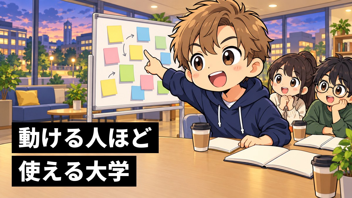 大学のラウンジで、茶髪の男子大学生がふせんを貼ったホワイトボードの前で身を乗り出し、目を輝かせて2人の仲間に話しかけている挿絵。文字「動ける人ほど使える大学」