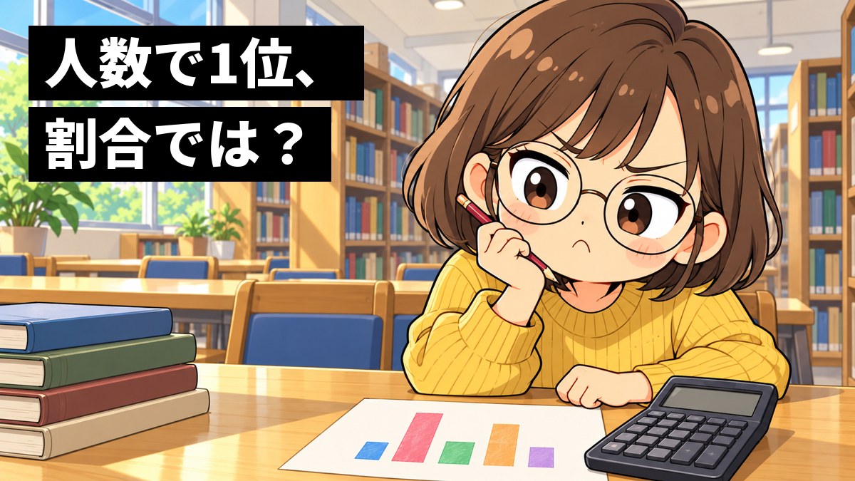 大学の図書館の机で、茶色いボブの女子大学生が電卓と棒グラフの紙を前に、眉を寄せて口をとがらせ、納得いかない顔で電卓をにらんでいる挿絵。文字「人数で1位、割合では?」
