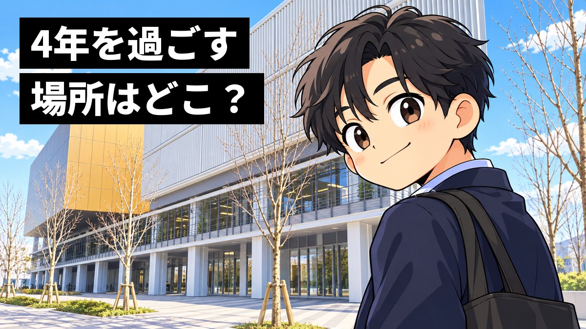新宿キャンパスの、金色の箱と銀色のルーバーの校舎の前の歩道で、ジャケットにスニーカーの男子大学生が、にっと笑って得意げに振り向いている挿絵。文字「4年を過ごす場所はどこ?」