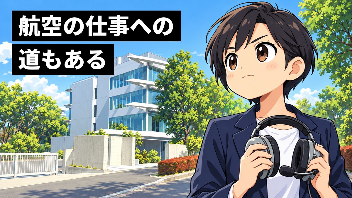 多摩アカデミーヒルズの、白とガラスの4階建ての校舎の前で、ショートカットの女子大学生が航空用のヘッドセットを手に持ち、口を結んでまっすぐ前を見ている挿絵。文字「航空の仕事への道もある」