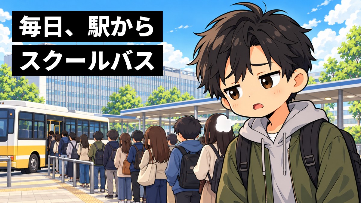 淵野辺駅前、白いビルの相模原キャンパスの前にあるスクールバス乗り場で、長い列の最後尾に並んだ男子大学生が肩を落として小さくため息をついている挿絵。文字「毎日、駅からスクールバス」
