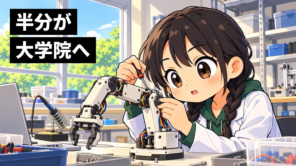 大学の工学部の研究室で、二つ結びの三つ編みに白衣の女子大学生が、机の上の小さなロボットの腕をドライバーで調整しながら目を輝かせて夢中になっている挿絵。文字「半分が大学院へ」