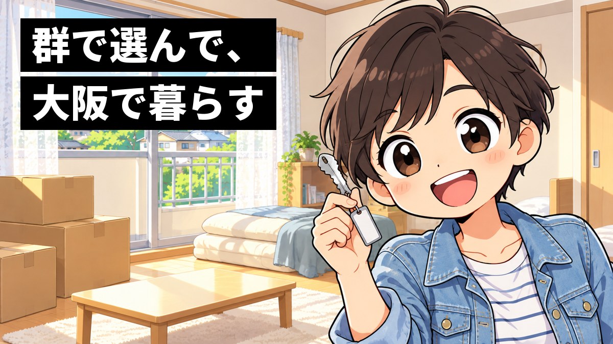 引っ越したばかりの小さなワンルームで、段ボール箱の前に立つ、短い髪にデニムジャケットの大学1年生が、新しい部屋の鍵を顔の横に掲げてうれしそうに笑っている挿絵。文字「群で選んで、大阪で暮らす」