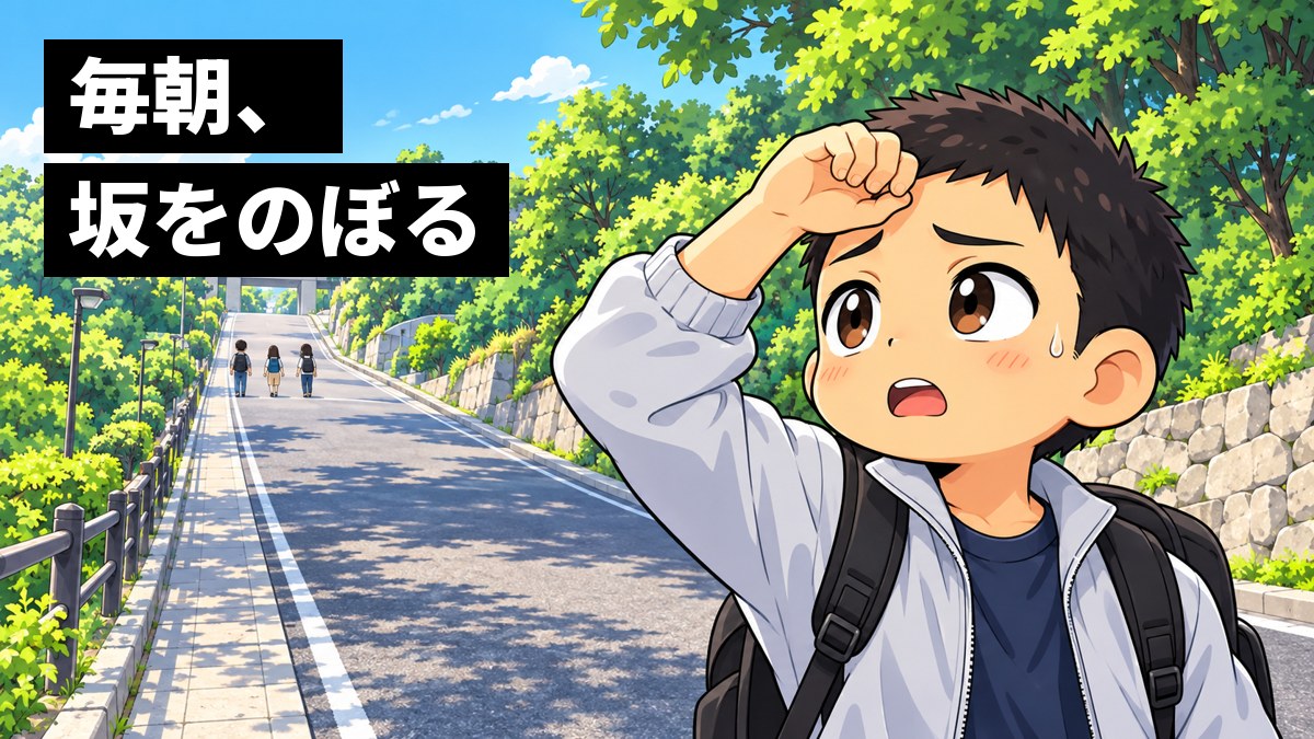夏の朝、緑の木に囲まれた大学へ向かう長い上り坂の途中で、短い坊主頭に大きなリュックの男子大学生が額の汗をぬぐい、坂の上を見上げて眉を下げている挿絵。文字「毎朝、坂をのぼる」