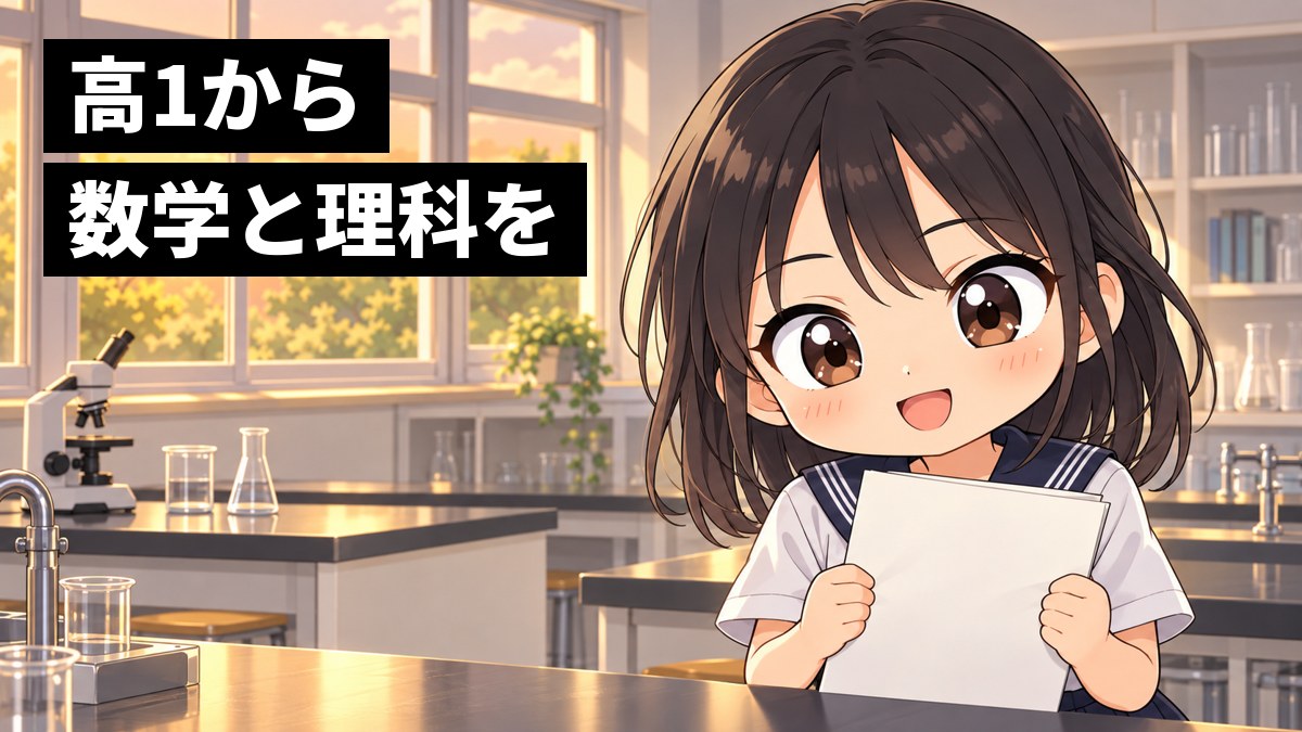 放課後の高校の理科室で、セーラー服の安房高校の女子が返ってきた答案を胸に抱き、うれしそうに笑っている挿絵。文字「高1から数学と理科を」